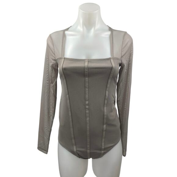 NEW Abercrombie & Fitch Tan Mesh Long Sleeve Square Neck Corset Bodysuit Top M - Picture 1 of 4